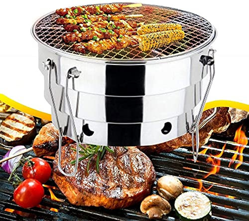 Stainless Steel BBQ Smoker Combo with Folding Round Charcoal, Portable Bag - Ideal for Outdoor Picnic, Camping, Patio, Garden - 28 x 21.5 cm