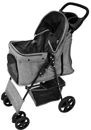 Passeggino per Animali Grigio Pieghevole 15kg 4 Ruote Gatto Cane Gancio di Sicurezza Cuscino Tettuccio Finestre in Rete Cestino Portabicchieri Copertura Antipioggia Impermeabile