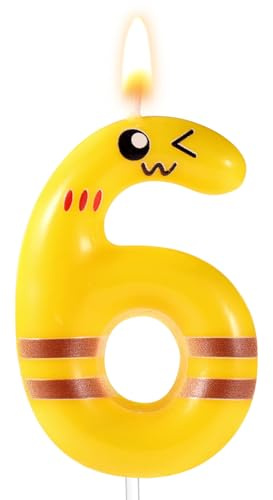 Cartoon Yellow Birthday Cake Candle Six, Yellow Numeral Birthday Cake Topper Cartoon Animated Birthday Decoration Yellow Happy Birthday Number Candles for Party Supplies (6)