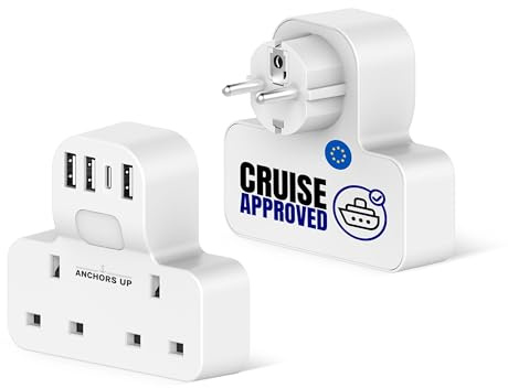 Cruise Approved 7-in-1 Travel Adapter – Non Surge for Cruise Ships – 4 USB Ports and Night Light – Works on P&O, Marella, MSC, Carnival, Princess, NCL, Disney, Fred Olsen – Cruise Essential (EU Plug)