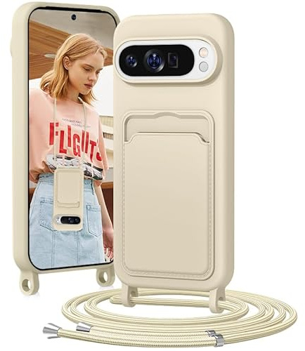 BENTIACC Handykette Silikon Hülle für Google Pixel 9/9 pro mit Band, Handyhülle mit Kartenfach, Abnehmbar Kordel Kette, Stoßfeste Schutzhülle für Google Pixel 9/9 pro (Beige)