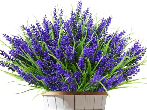 Kinisty Kunstblumen wie Echt Lavendel Outdoor Wetterfest, 12 Bündel, Lila | Plastikblumen Frühlingsdeko für Draußen Balkon, Balkonkasten, Garten.