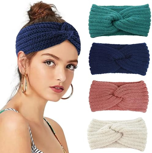 Elfinfi Stirnband Damen Winter, 4 Stück Haarband Damen, Strick Ohrenwärmer Mädchen, Verdicken Stirnbänder, Elastische Stirnband Winter Sehr Warm