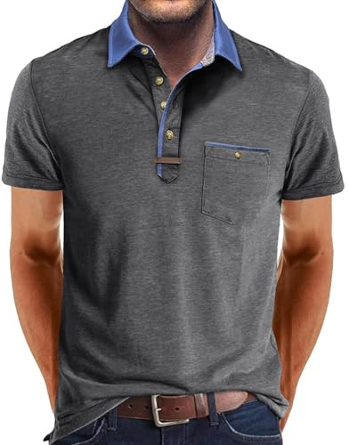 Volemo Pikétröjor för män, kortärmade pikétröjor med ficka, golf, t-shirt, sommartoppar, normal passform, M-3XL, Mörkgrått, L
