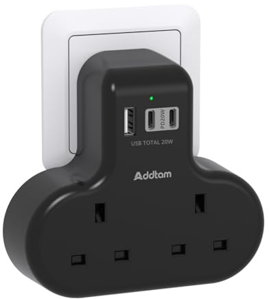 PD 20W Double Plug Extension with 3 USB Ports (2 USB-C), 2 Way Multi Plug Adaptor, 13A UK 3 Pin Socket Extension for Home, Office, Travel and School Supplies (Black)