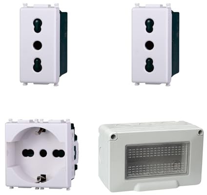 Kit Scatola Elettrica IP55, Completa Di Frutti Compatibile Con Vimar Plana, 4 Moduli 1 Presa Schuko P40 + 2 Prese Bipasso, Contenitore Con Coperchio, Da Muro Parete Esterno e Interno