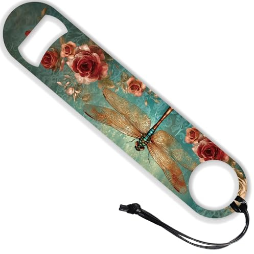 GLOBLELAND Apribottiglie In Acciaio Inossidabile con Motivo A Libellula Vintage Da 7 pollici con Cordino In Pelle PU Apribottiglie Piatto A Forma di Fiore di Rosa per Casa Bar Ristorante Pub Cucina