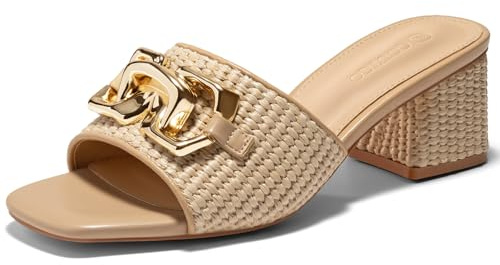 Coutgo Womens Raffia Slide Sandals Chunky Block Heeled Square Open Toe Metal Chain Slip on Mules Dressy Shoes, Khaki, Size 8.5