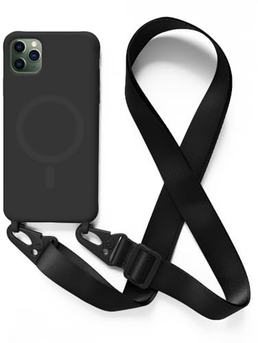 Handykette Hülle für iPhone 11 Pro Max(6.5) mit Band Halsband Lanyard (abnehmbar) Handyhülle, Verstellbarer Lanyard.Magnetisch Stoßfest Silikonhülle Wireless Charging kompatibel .-Schwarz