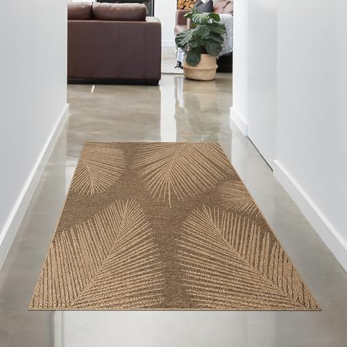 CARPETIA In- & Outdoor Teppich Palmenblätter Beige Braun 80x150 cm | Pflegeleicht, wetterfest, UV-beständig und schmutzabweisend, OEKO-TEX geprüft, für Balkon, Terrasse & Wohnräume