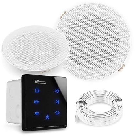 Power Dynamics A50B – Sistema de Sonido para baño con Altavoces IPX5, Amplificador Empotrado con Bluetooth, Pantalla táctil, Mando a Distancia, USB, microSD y diseño Elegante