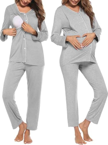 SRIWTDX Pigiama al Seno di maternità Set per Donne, Camicia A Maniche Lunghe A Strisce, Vestiti da Notte, Indumenti da Notte Infermieri per Ospedale,Grigio,XXL