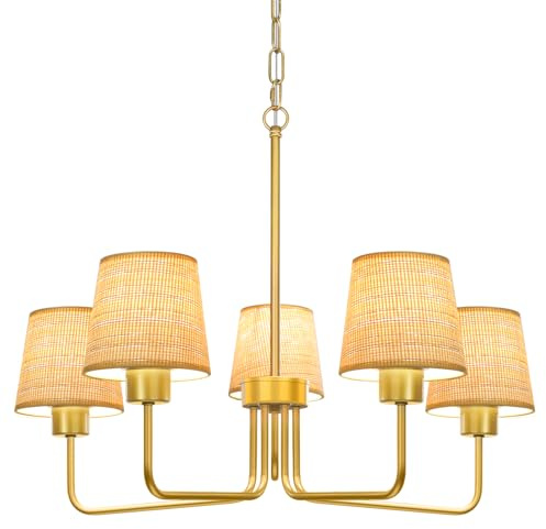 Gold Chandelier Lighting Living Room,5 Lights Metal Pendant Light Fixtures with Handmade Rattan Shade,Farmhouse Chandeliers Ceiling Light for Kitchen Island Dining Room Bedroom Hall,Height Adjustment