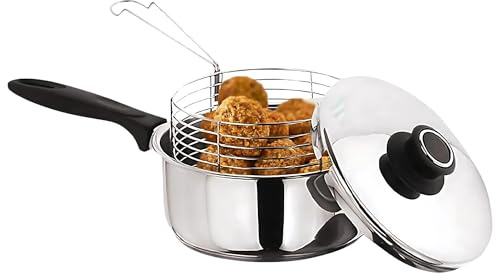 20cm Deep Fat Fryer Induction Chip Pan with Lid & Basket, 3pcs Stainless Steel Saucepan Set, Strong Wire Mesh Basket for Kitchen Cooking Crispy Chips & Fries Pot
