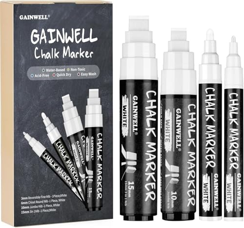 GAINWELL White Liquid Chalk Markers Erasable 4 Pack, Reversible Tip (3mm/6mm/10mm/15mm), Erasable Chalk Pens for Blackboard, Window, Glass, Chalkboard, Bistro, Loved by Teachers, Artists, Businesses