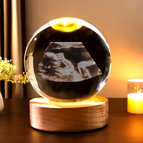 SHENGBEIDZ Esfera De Cristal Personalizada Con Ecografía B Y Base Con Luz LED, Foto En Cristal 3D, Luz Nocturna Personalizada Con Foto De Ecografía for Anunciar El Embarazo(6cm Warm Light)