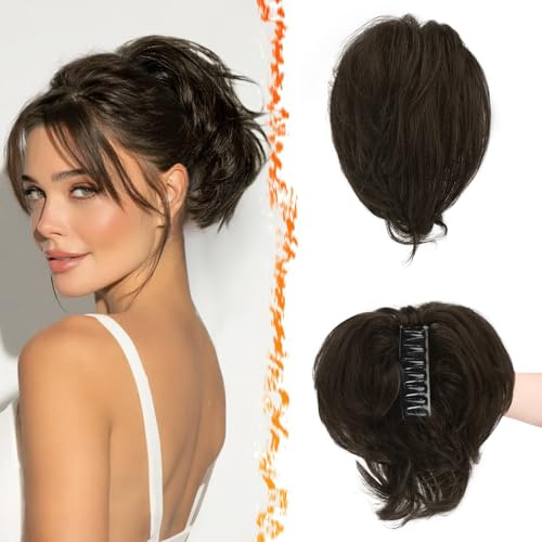 BARSDAR Echthaar Pferdeschwanz Haarteil mit Krallen Klemmer und Biegsamen Drähten, DIY 20 cm Echt Echthaar Schwarz Braun Messy Dutt Haarteile für Frauen Dicke Natürliche Kurze Pferdeschwanz