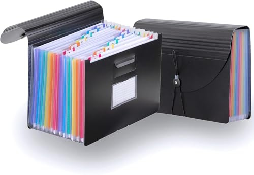 Dokumentenmappe A4 - Fächermappe mit 12 Fächern - Sortiermappe bis 1.500 Blatt - robuste Ordnungsmappe - Dokumententasche mit bunten Registern - Aktenmappe für Büro, Schule, Uni Zuhause - Schwarz Bunt