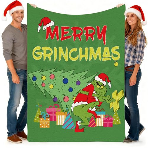 Lustige Weihnachtsdecke 150x130 cm aus Polyester - Weiche Weihnachtskuscheldecke mit Festlichen Motiven, Flauschdecke für Sofa, Bett, als Geschenk für Familie und Haustiere, Einfach Waschbar (C)