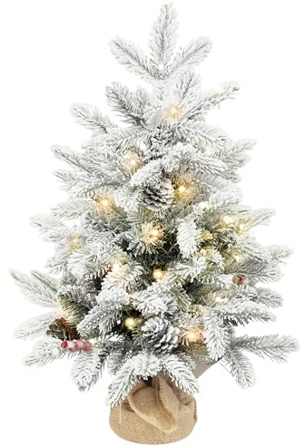 HOMCOM Árbol de Navidad Mini Artificial 60 cm con 35 Luces LED, 182 Ramas Densas Nevadas, Piñas, Bayas y Base de Arpillera, Decoración Navideña de Mesa para Casa u Oficina, Verde