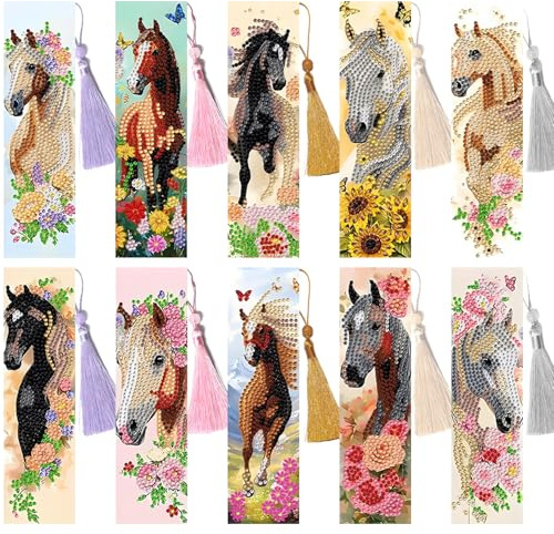 Diamond Painting Lesezeichen,10 Stück Diamant Malerei Lesezeichen,Diamant Painting Bookmark,Diamond Paintings Pferd,Lesezeichens Bastelkoffer,Bookmark DIY Spielzeug