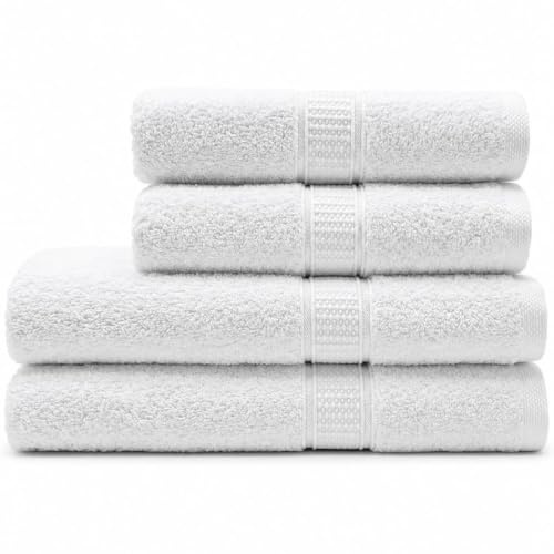 Harmatex 4 teiliges Premium Badetuchset - 100% Baumwolle 550 g/m² - Saugstark & Weich - ÖKOTEX Zertifiziert (2X 70X140 cm und 2X 50X100 cm), 2 Aufhänger, Weiß (White)
