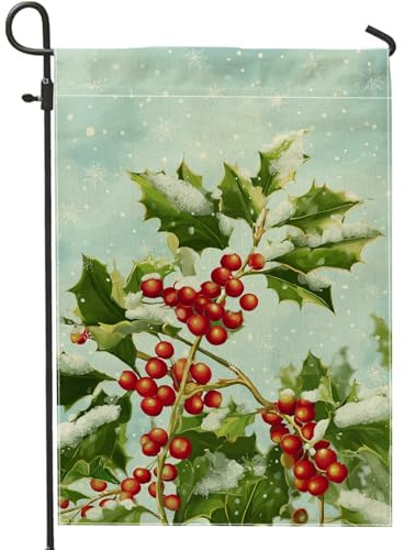Bandiera da giardino con agrifoglio, bacche natalizie invernali, in iuta verde, su entrambi i lati, per esterni, portico, prato, patio, terrazza, 30,5 x 45,7 cm