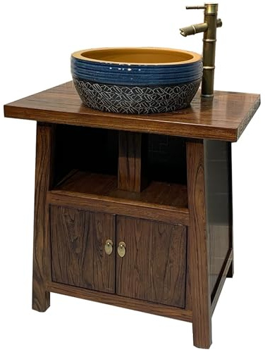 ZKBDBWTR Lavabo Bagno con Mobile di Olmo, Mobile Bagno Sottolavabo Indipendente in Stile Cinese Vintage, Mobile Lavabo Combinato per Bagnos Piccolo(90cm/35.4in)