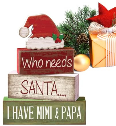Generisch Decoración de Navidad, decoración de madera, sombrero de Papá Noel, decoración de mesa, rústico, invierno, placas de Navidad, para escritorio, cocina, dormitorio, salón, oficina, invierno