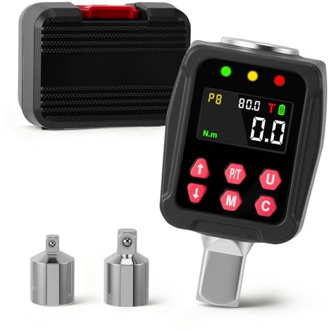 Digital Torque Adapter, Digital Torque Wrench 1/2”340Nm with Adapters 1/4 3/8, Sound Light Alarm Function High Accuracy 4 Torque Units Backlit Display, Protective Case, for Motorcycle Repairs