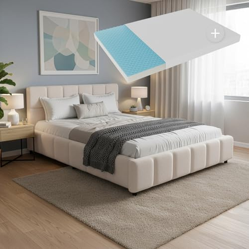 Juskys Polsterbett Florenz 140 x 200 cm mit Matratze – Bouclé, modernes Bett mit Kopf- & Fußteil, stabilem Holz- & Metallrahmen, Lattenrost, 500 kg Tragkraft – Creme