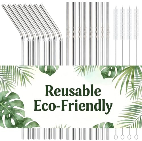 16-Pack Stainless Steel Straw,Reusable Straws – 8 Straight & 8 Bent (8.5 Inch) Metal Drinking Straws with 4 Cleaning Brushes,Replacement Straws,Dishwasher Safe,Ideal for Home,Travel