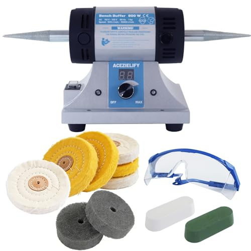 ACEZIELIFY 800W Jewelry Polisher, Variable Speed Bench Polishing Machine, Profesional Desktop Buffer Motor with 4'' Cotton, 3'' Fiber Buffing Wheels, Safe Glasses, Polish Compound for Jewelry Metal