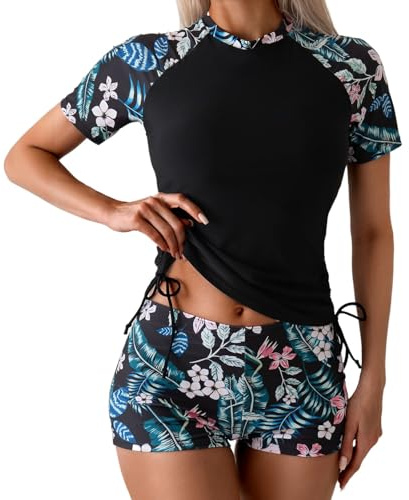 Generisch – Traje de baño de dos piezas, pantalones cortos de baño de corte alto, top estilo tankini, top de manga larga tipo rashguard, para surf (Negro, L)