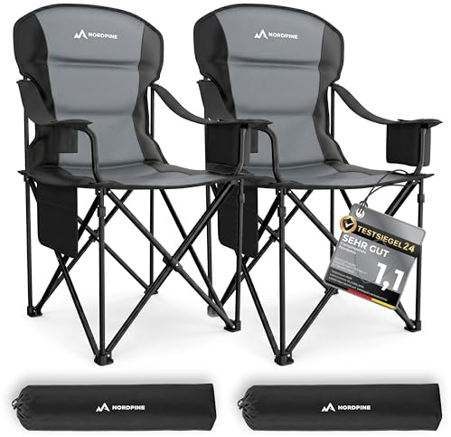 NORDPINE Campingstuhl faltbar bis 250 kg – Stabiler Klappstuhl Camping mit Kühltasche & Getränkehalter – Premium Polsterung & XXL Sitz – Robust & Bequem – Angelstuhl Gartenstuhl inkl. Tragetasche
