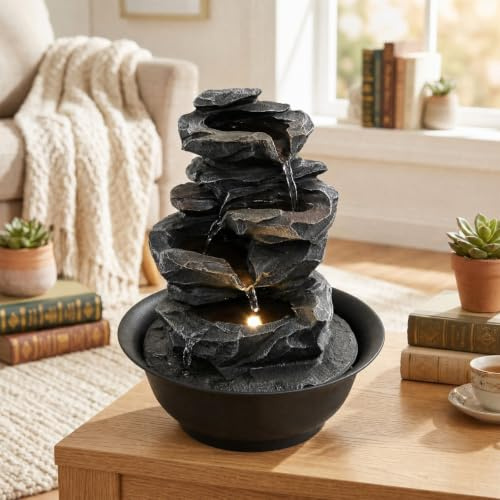 GYMAX Fuente de Interior, Fuente de Mesa con Bola de Cristal giratoria e iluminación LED de Colores, pequeña Fuente Zen, Juego de Agua Decorativo, 21,5 x 21,5 x 26 cm (Estilo 2 + sin iluminación)