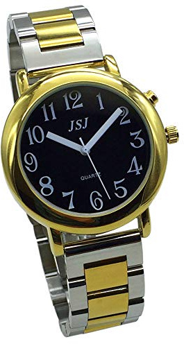 VISIONU Montre Parlante Analogique avec Alarme Annonce de l'heure et Date en Français pour Aveugle et Les Personnes Malvoyant, Couleur Dorée,Bracelet Deux Tons en Acier Inoxydable TUF-G605