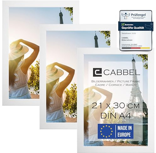 CABBEL set med 3 tavelramar DIN A4 21x30 MDF-träram med splitterfritt akrylglas, perfekt för collage, porträtt och certifikat i vitt