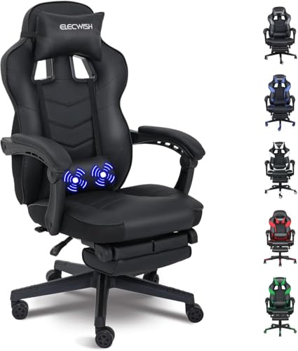 PULUOMIS Gaming Chair, Video Game Chairs for Adults with Footrest, Ergonomic Massage 150° Reclining Gaming Computer Desk Chair, PU Leather Office Chair for Home with Headrest Lumbar, Black