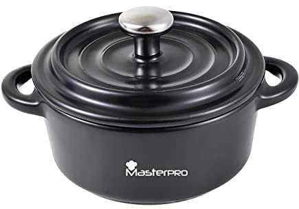 MasterPro Cook & Share - Mini Cocotte Redonda con Tapa de 12.9 x 9.8 x 4.4/7.1 cm, Ideal para Compartir, Fabricado en Gres con Interior y Exterior Esmaltado en Negro, Apta para Lavavajillas y Horno