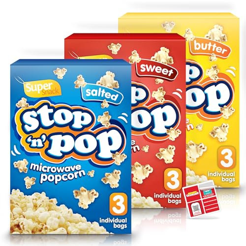 SOL 9pk x 85g Stop 'n' Pop Microwave Popcorn, Sweet, Salted & Butter Flavoured Pop Corn Kernels, Tasty Snack for Family Movie Nights, Easy to Prepare, Ideal for Sharing Fun Moments at Home