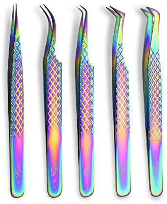 ZAMAHA UK Set di 5 pinzette per extension per ciglia, in acciaio inox giapponese, dritte e curve, punta angolata a 90 gradi, pinzette di precisione per volume (arcobaleno multi)