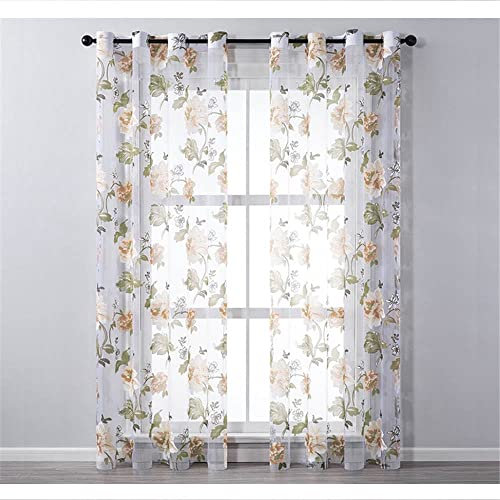 GIVBRO Vorhänge mit Ösen, Pfingstrose, gemustert, Voile, Fensterbehandlungen, Vorhänge, transparenter Türvorhang für Zuhause, Gelb, 150 x 250 cm