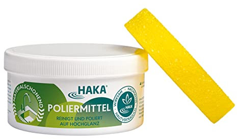 HAKA Putzstein mit Schwamm, 300 g, Poliermittel entfernt hartnäckige Verschmutzungen, poliert Edelstahl, Töpfe, Schmuck & Kunststoff, mit Wasser-Abperl-Effekt, umweltfreundlich