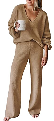 Viottiset Pijama casual suelto para mujer Chándal Sudaderas de manga larga Conjuntos de 2 piezas Conjunto de descanso oversize Caqui L