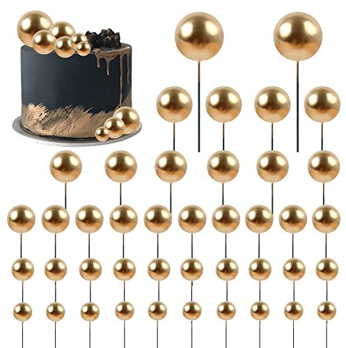 Blumomon 42Pcs Round Ball Cake Toppers Gold Mini Foam Ballon Cupcake Topper DIY Cake Insert Topper Bakeware Decorating Topper Sticks for Birthday Party Wedding Supplies Baby Shower Decor