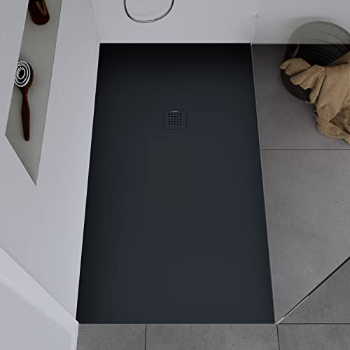 DURAVIT Duschtasse 140x90 cm, Flache Bauhöhe, Duschwanne DuraBayas in Dunkelgrau Matt aus Mineralguss mit integriertem Ablaufdeckel, Duschbecken mit Gefälle
