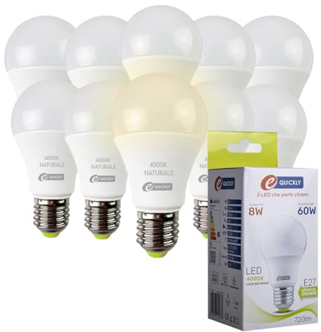 E-QUICKLY Lampadine Led E27 luce naturale - 8W equivalenti 60w, 720 lumen, Lampadina luce led naturale 4000k, Lampada led attacco grande, Lampadina E27, lampade A60 ad alta efficienza, 10 PZ