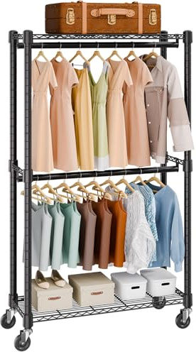 VEVOR Stand Appendiabiti a Rotelle Capacità Carico Statica Max. 136 kg con 2 Ripiani Carico 45 kg Singolo Camera da Letto Soggiorno, Appendiabiti 4 Ruote 915x450x2040 mm in Acciaio al Carbonio Q235