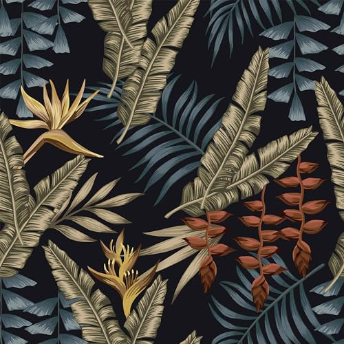 Yullpaper Selbstklebende Tapete Dschungel Dunkel Schwarz Pflanzen Mustertapete Klebefolie Für Möbel Tropenblätter & Blumen Tapeten Wohnzimmer Möbelfolie Selbstklebend Folie Für Schränke 44.5 X 300cm